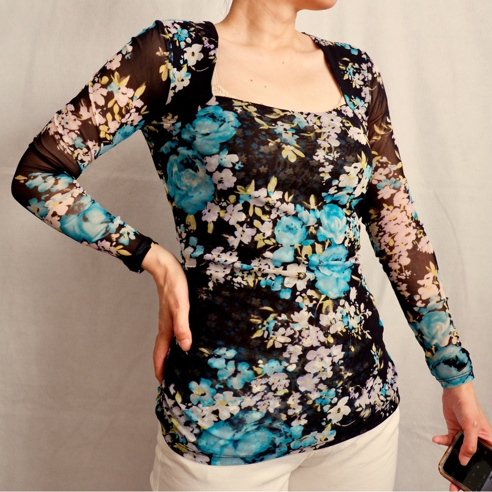 Vintage INC International Concepts black mesh floral long-sleeve top